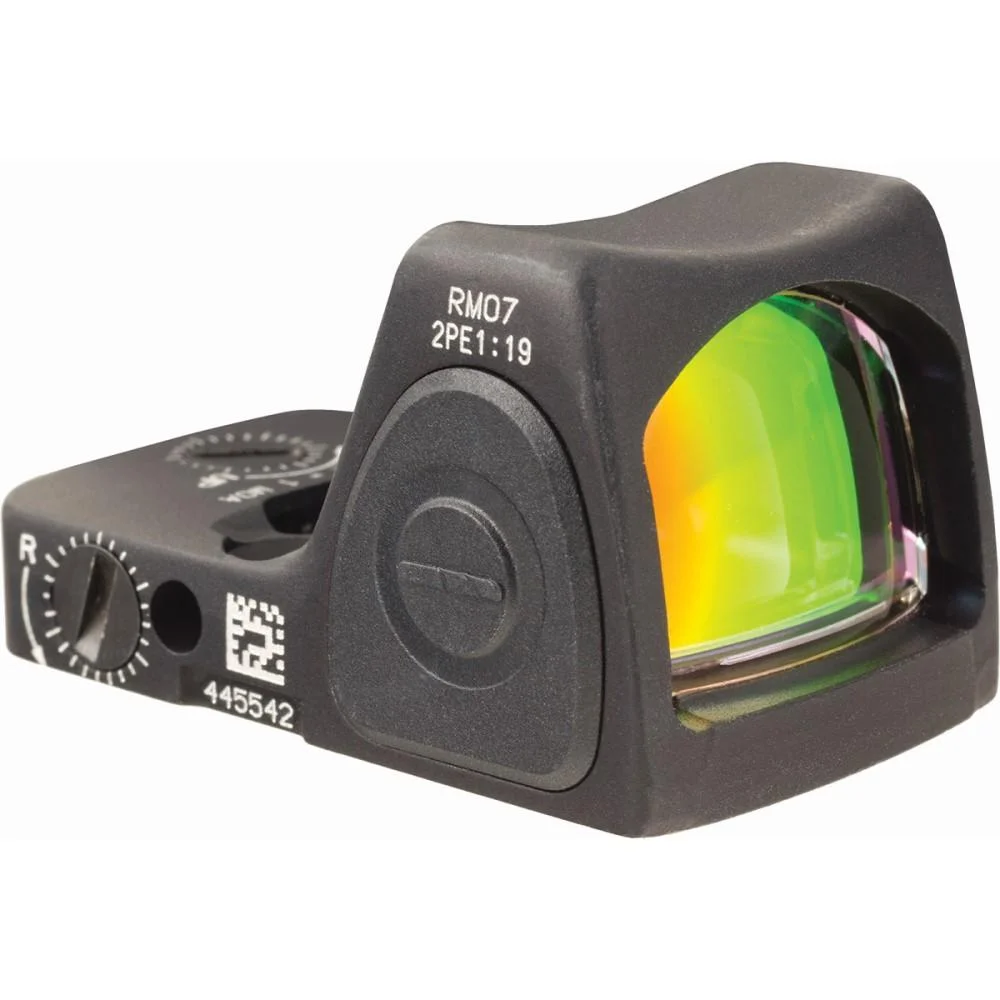 trijicon-rmr-type-2-primary-2 TRIJICON RMR TYPE 2 ADJ 6.5 MOA BLK black reflex sight, angled front view with multicolor lens