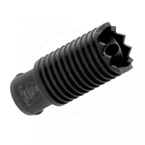TROY 5.56 CLAYMORE MUZZLE BRAKE, black angled view with ribbed body and toothed front