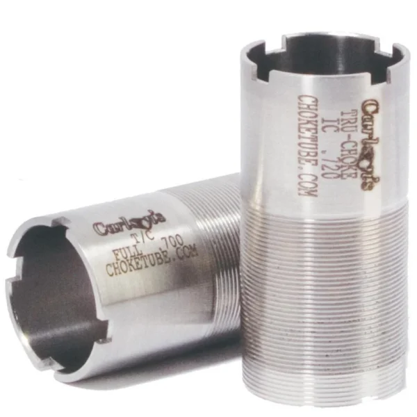 Carlson's Tru-Choke Turkey Extended Choke Tube, two silver tubes in upright and side views