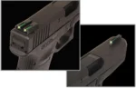 Truglo TFO sights mounted on black pistol slides in two angled rear views with green dots