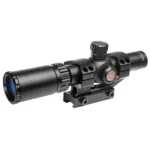 Truglo Tru-Brite 30 Series Tacticle Rifle Scope, black side view with mount and adjustment turrets