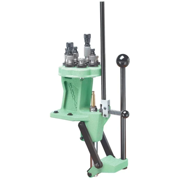 Redding T-7 Seven-Station Turret Reloading Press, front view in green with long black handle