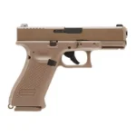 Umarex UMX GLOCK 19X GEN5 TAN, tan pistol in left-side view with black trigger and controls