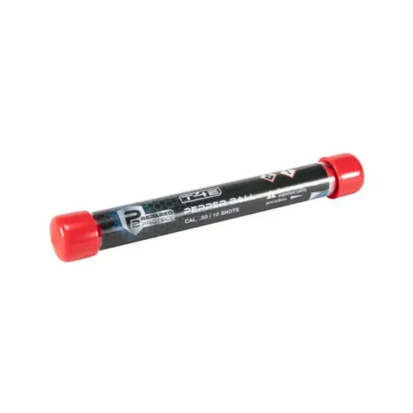 Umarex UMX T4E 50 CAL PEPPER BALL 10 CT, clear tube with black label and red end caps