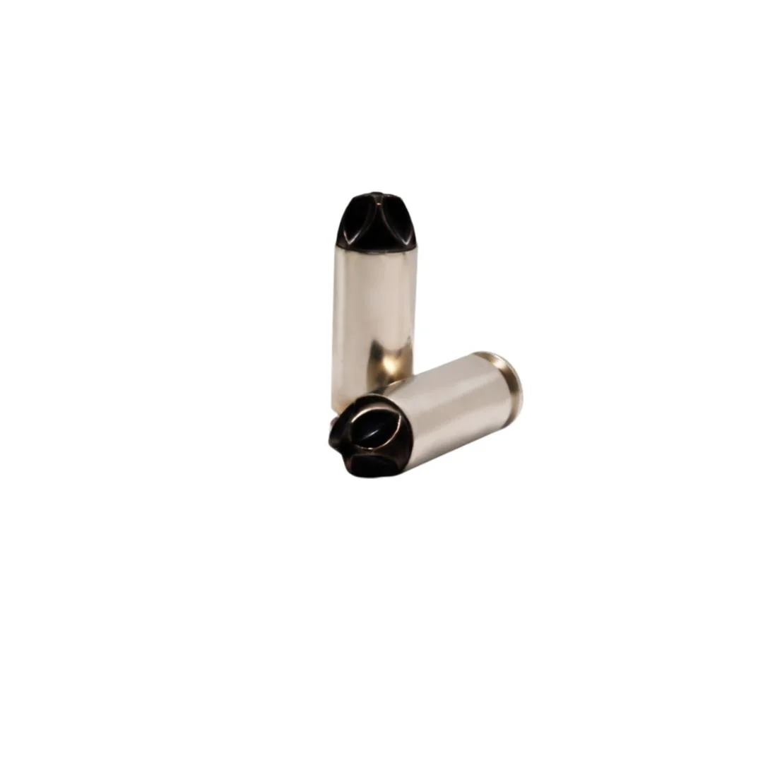 underwood-10mm-auto-115gr-solid-ammunition-primary Underwood Hunting & Self Defense Handgun Ammunition, two silver cartridges with black tips