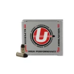 Underwood Flat Nose Black Cherry Coated Handgun Ammunition, silver box and two cartridges