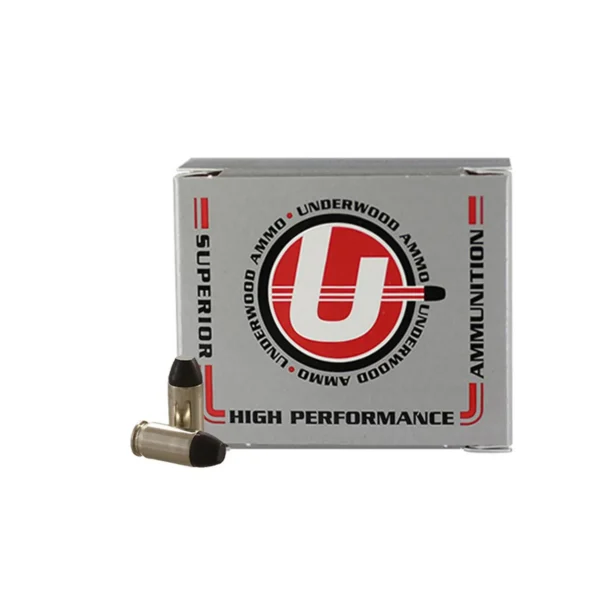 Underwood Flat Nose Black Cherry Coated Handgun Ammunition, silver box and two cartridges