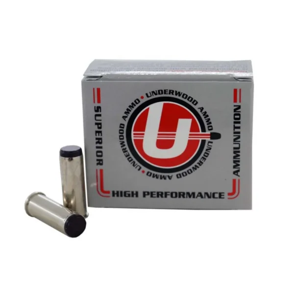Underwood Ammo Hard Cast Wadcutter Handgun Ammunition, silver box with two cartridges