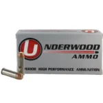Underwood Handgun Ammunition, silver box with two cartridges, one upright