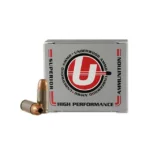 Underwood Hunting & Self Defense handgun ammunition, silver box with two cartridges visible