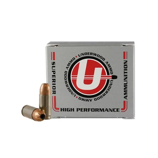 Underwood Hunting & Self Defense handgun ammunition, silver box with two cartridges visible