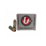 Underwood Ammo XTP Jacketed Hollow Handgun Ammunition, gray box with two brass cartridges