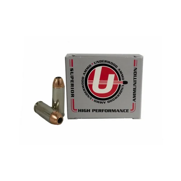 Underwood Ammo XTP Jacketed Hollow Handgun Ammunition, gray box with two brass cartridges