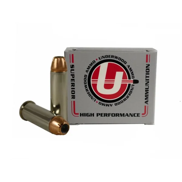 Underwood Ammo XTP handgun ammunition, white branded box with three visible brass cartridges