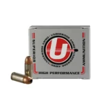 Underwood Ammo Sporting 9mm Luger ammunition, silver box with two copper-tipped cartridges