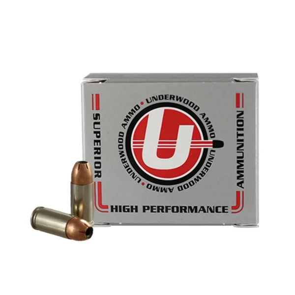 Underwood Ammo Sporting 9mm Luger ammunition, silver box with two copper-tipped cartridges