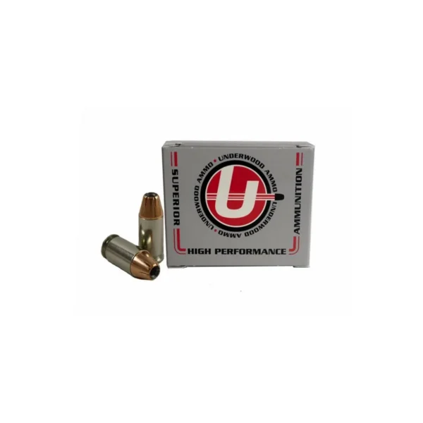 Underwood Ammo XTP 380 Auto ammunition, silver box with two copper-tipped cartridges