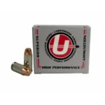 Underwood Xtreme Penetrator Handgun Ammunition box with two cartridges beside it