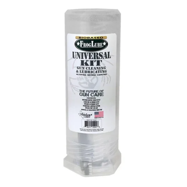 FrogLube Universal Gun Cleaning Kit, front view of a clear cylindrical case with white label