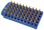 AOB Frankford Arsenal Universal Reloading Tray, blue tray holding rows of brass cases