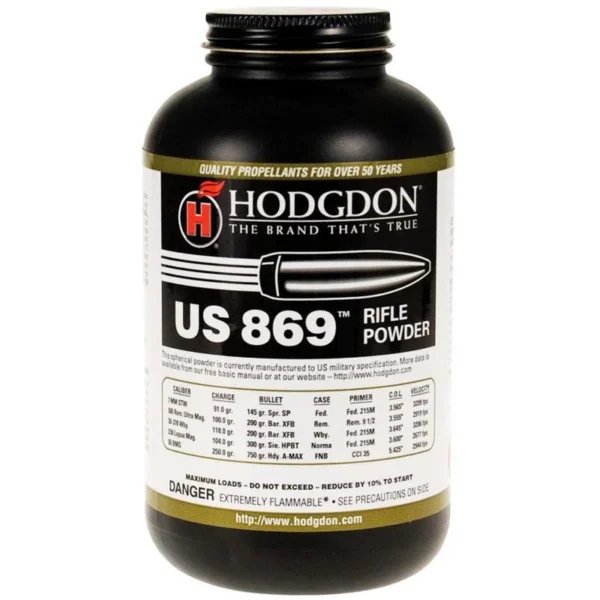 Hodgdon US 869 Spherical Rifle Powder, black bottle with white label, front view