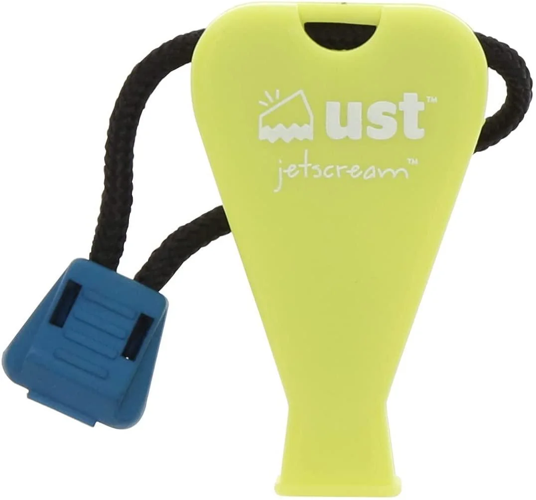 ust-survival-jetscream-whistle-yellow-primary AOB UST Ultimate Survival JetScream Whistle yellow front view with black cord and blue clip