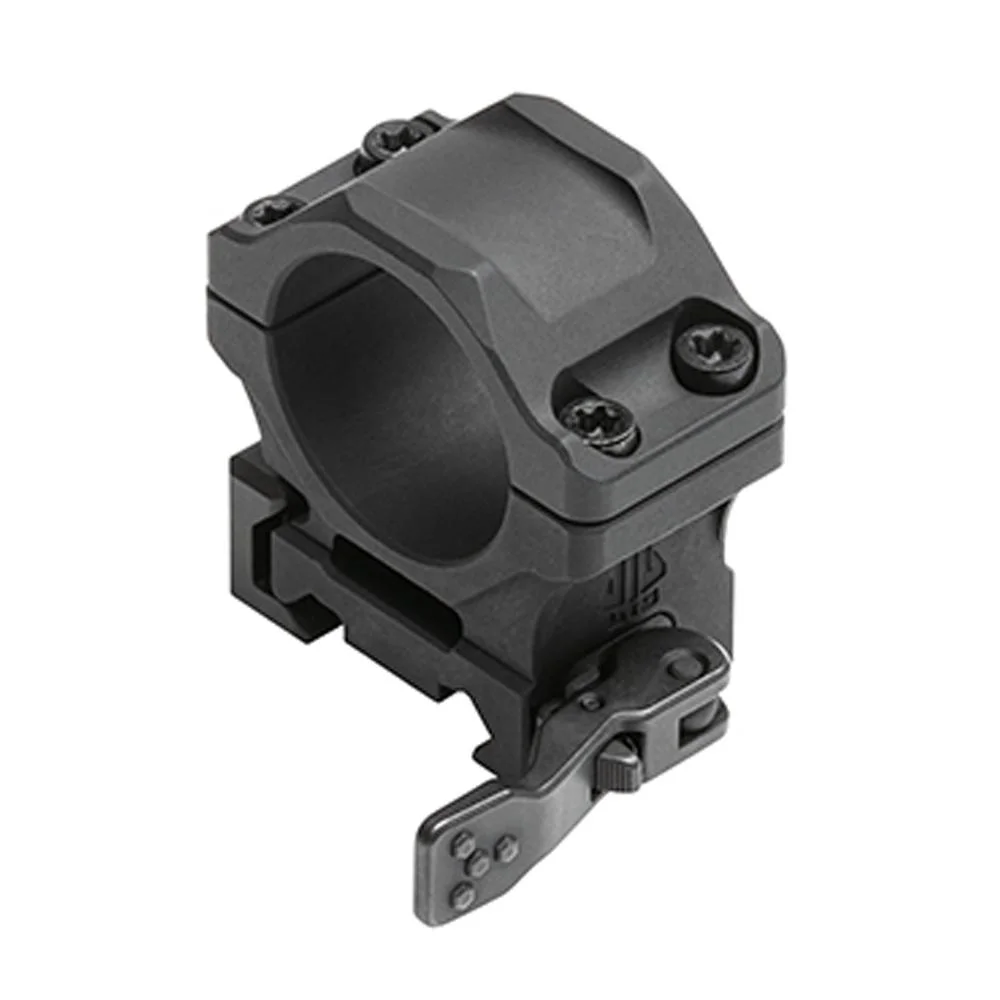 utg-accu-sync-qr-1in-low-profile-scope-rings-picatinny-primary-1 Leapers Inc. UTG ACCU-SYNC QR, black scope ring angled view with clamp and release lever