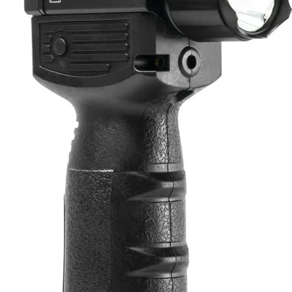 NcSTAR VISM Vertical Grip black grip, front-right view with flashlight and top mounting clamp