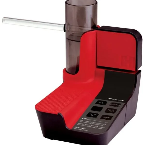 Hornady Vibratory Powder Trickler, red and black unit with clear tube and control panel