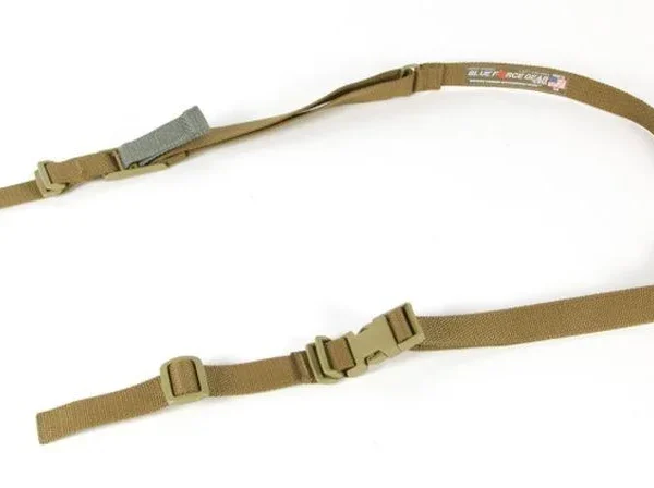 BL FORCE VICKERS 2-PT CMBT SLNG COY tan two-point sling laid out with buckles and adjusters
