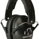 Walker's X-SM Compact folding muff, black angled view with padded headband and logo
