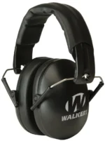 Walker's X-SM Compact folding muff, black angled view with padded headband and logo
