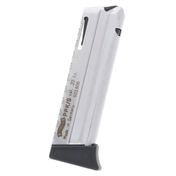Walther MAG WAL PPK/S 22LR 10RD, silver magazine with black base plate in angled side view