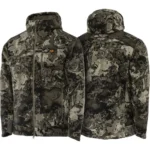 Gsm Muddy DV8 Morph Jacket in gray camouflage, front and back views with raised hoods