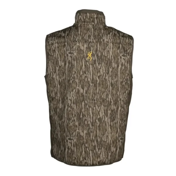 Browning Field Pro Vest in Mossy Oak Bottomland camouflage, rear view with high collar