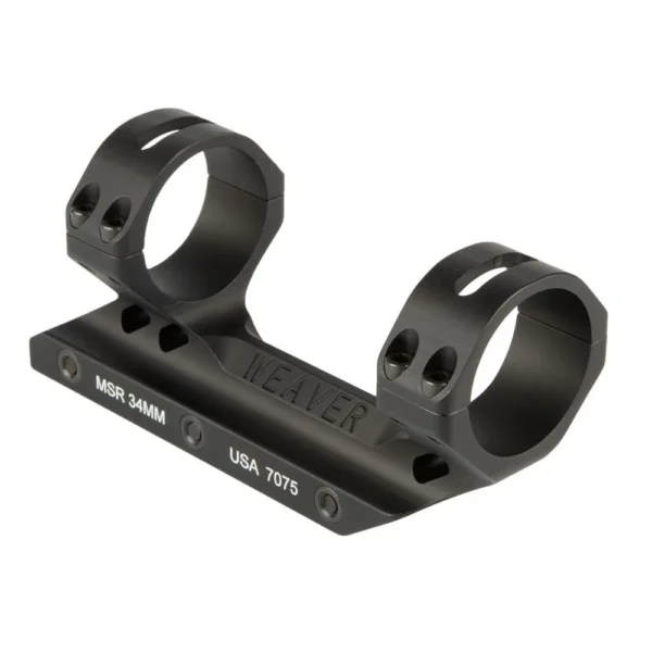 Weaver 34mm Fixed MSR Mount, matte black angled view with two scope rings and base