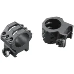 Weaver 6-Hole Aluminum Scope Rings, angled view of two black high matte rings