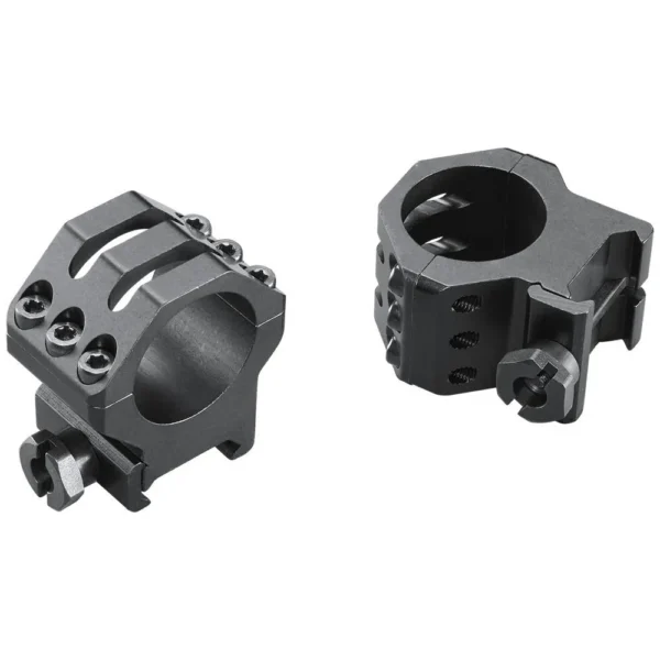 Weaver 6-Hole Aluminum Scope Rings, angled view of two black high matte rings