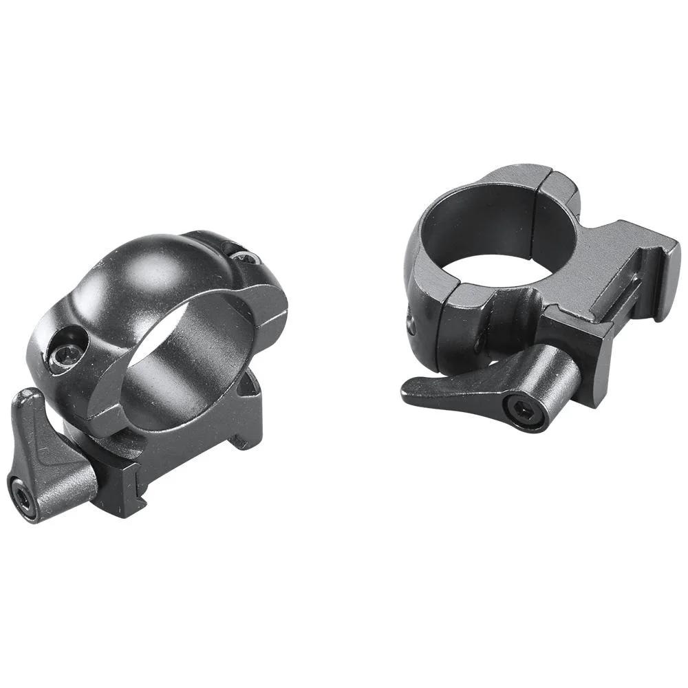 weaver-grand-slam-leaver-lok-top-mount-steel-primary Weaver Grand Slam Leaver-Lok Scope Rings, two black steel rings in angled views