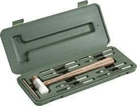 Weaver Gunsmithing Hammer and Punch in open green case with wood-handled hammer and steel punches