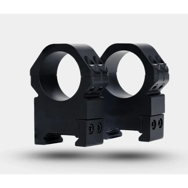 Weaver Precision Rifle Scope Rings 30mm X-High Matte, black pair in angled front view with screws