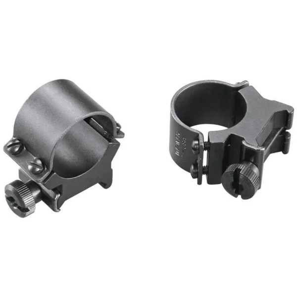Weaver Sure Grip Rings matte black pair, angled views with adjustment knobs