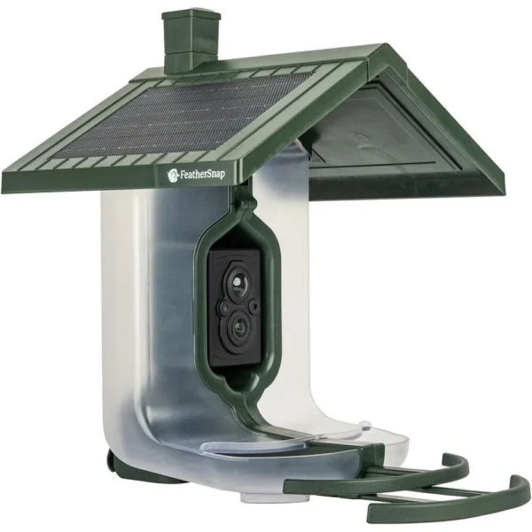 Tactacam FeatherSnap Scout Seed Bird Feeder, front view of green feeder with camera and roof