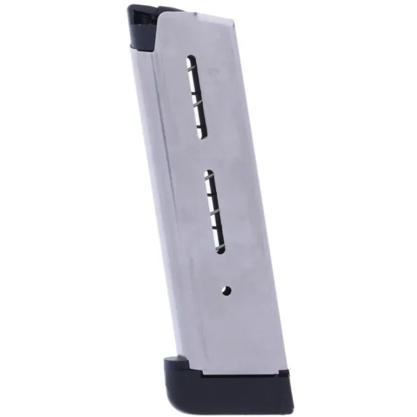 Wilson Combat Handgun Magazine for 1911, silver magazine with black base in angled side view