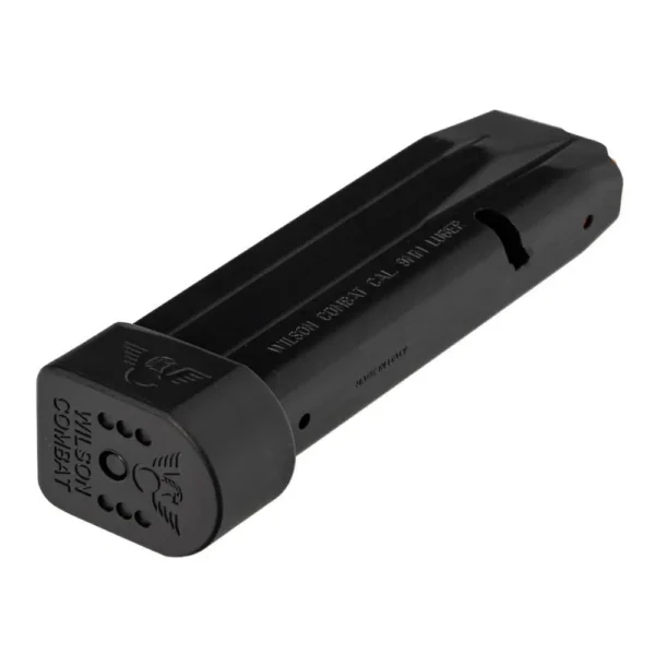 Wilson Combat EDC X9 black handgun magazine, angled view with extended base plate