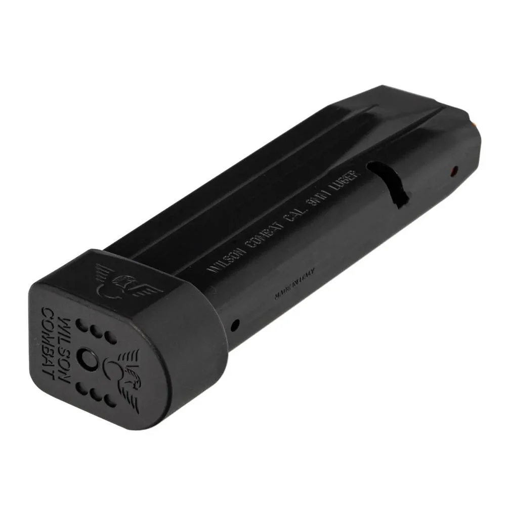 wilson-combat-edc-x9-9mm-18-round-magazine-primary Wilson Combat EDC X9 black handgun magazine, angled view with extended base plate