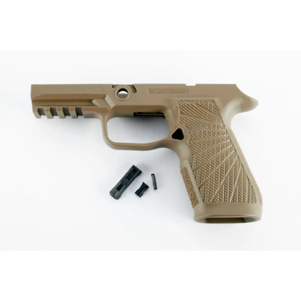Wilson Combat Sig Sauer P320 Carry Grip Module tan, left side view with mounting parts