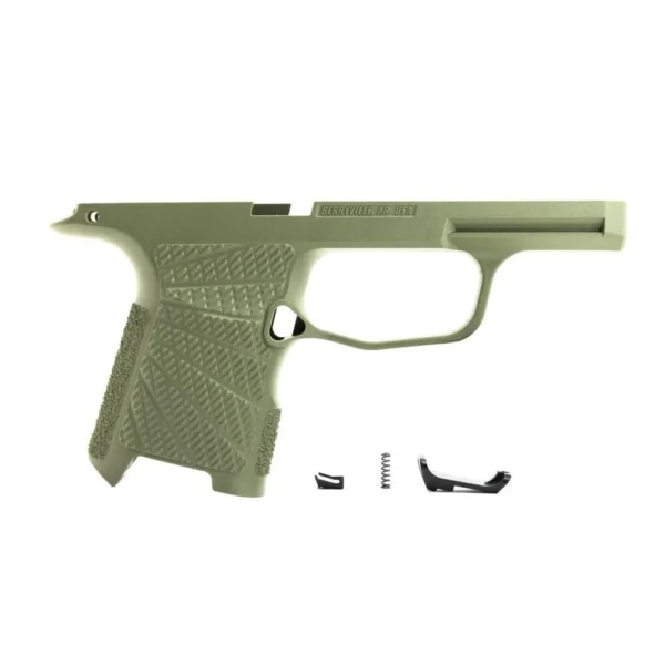 Wilson Combat P365 grip module, green left-side view with textured grip and loose black parts
