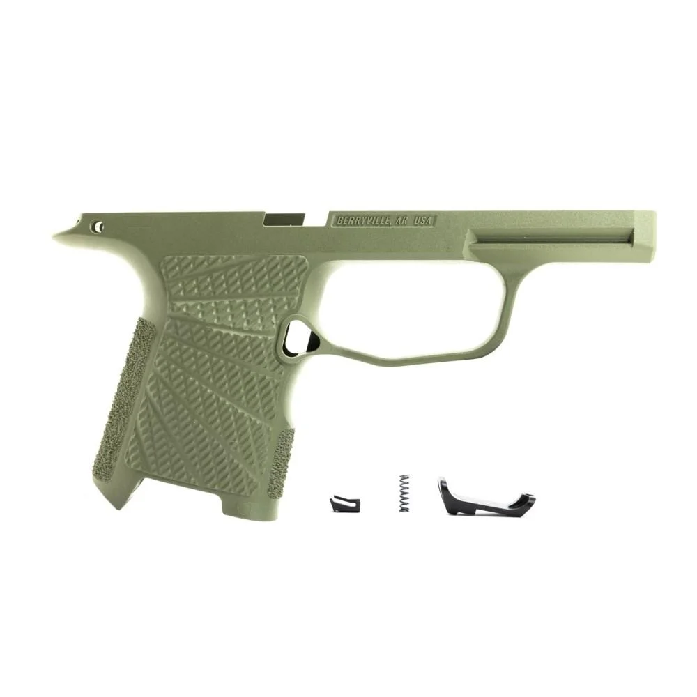 wilson-combat-p365-grip-module-green-primary Wilson Combat P365 grip module, green left-side view with textured grip and loose black parts