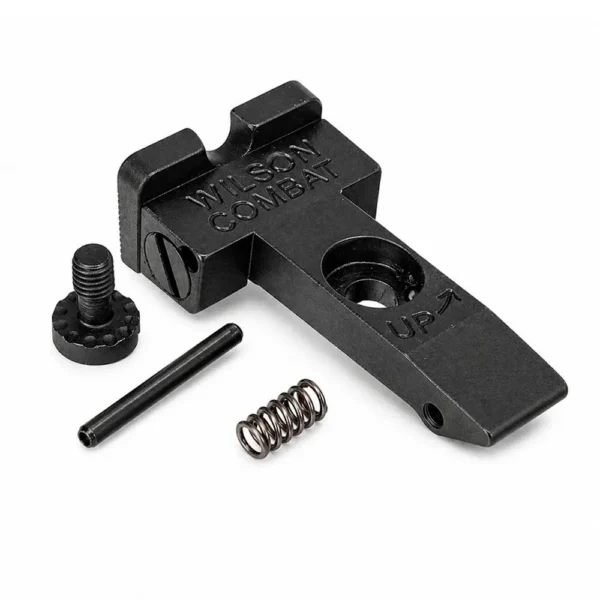Wilson Combat Ruger GP100 Serrated Blade Handgun Sight Rear Black, angled view with spring and screws